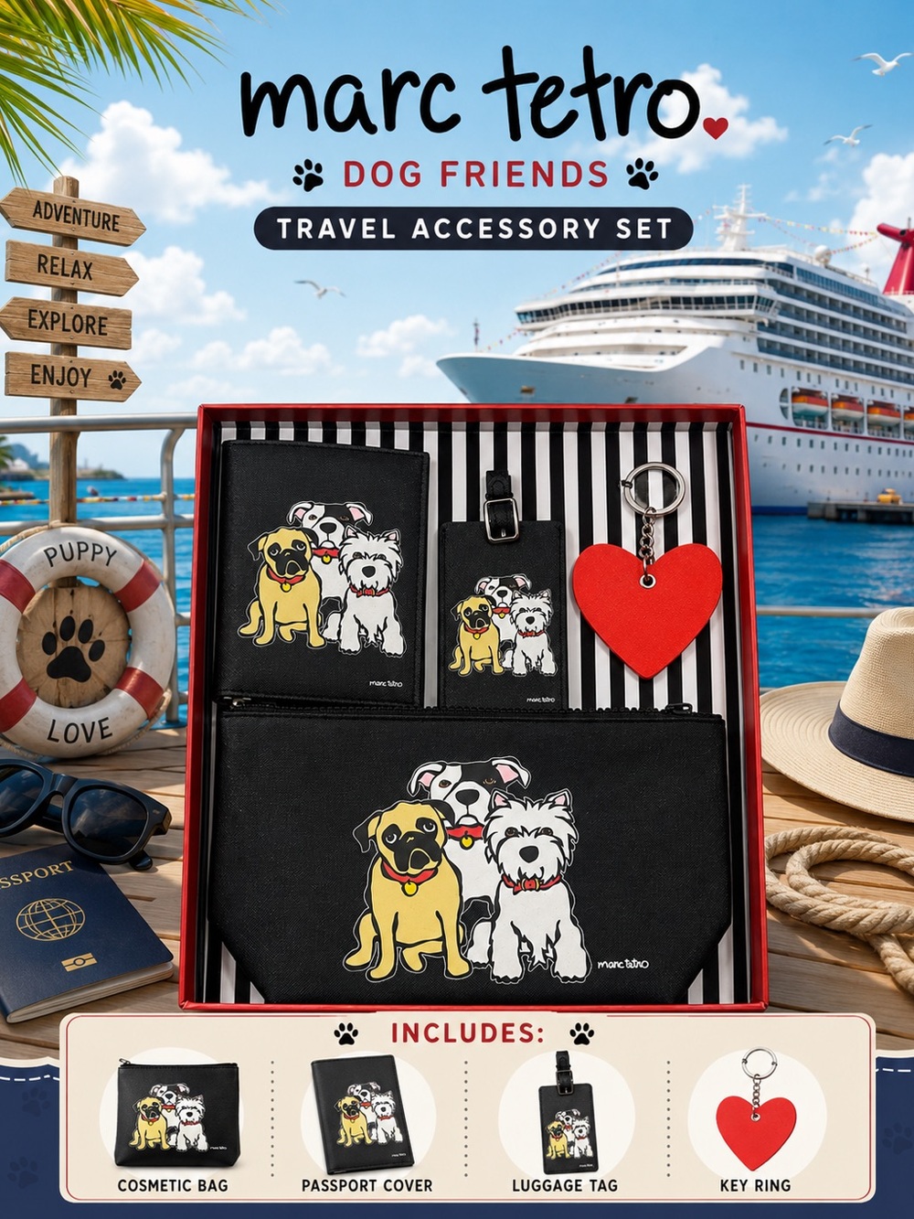Marc Tetro Dog Friends Travel Accessory Set Gift Box NIB